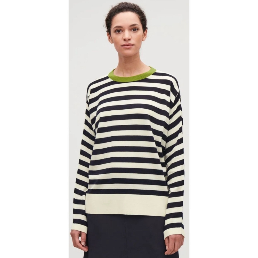 COS Cream and Black Striped Crewneck Sweater with Green Trim